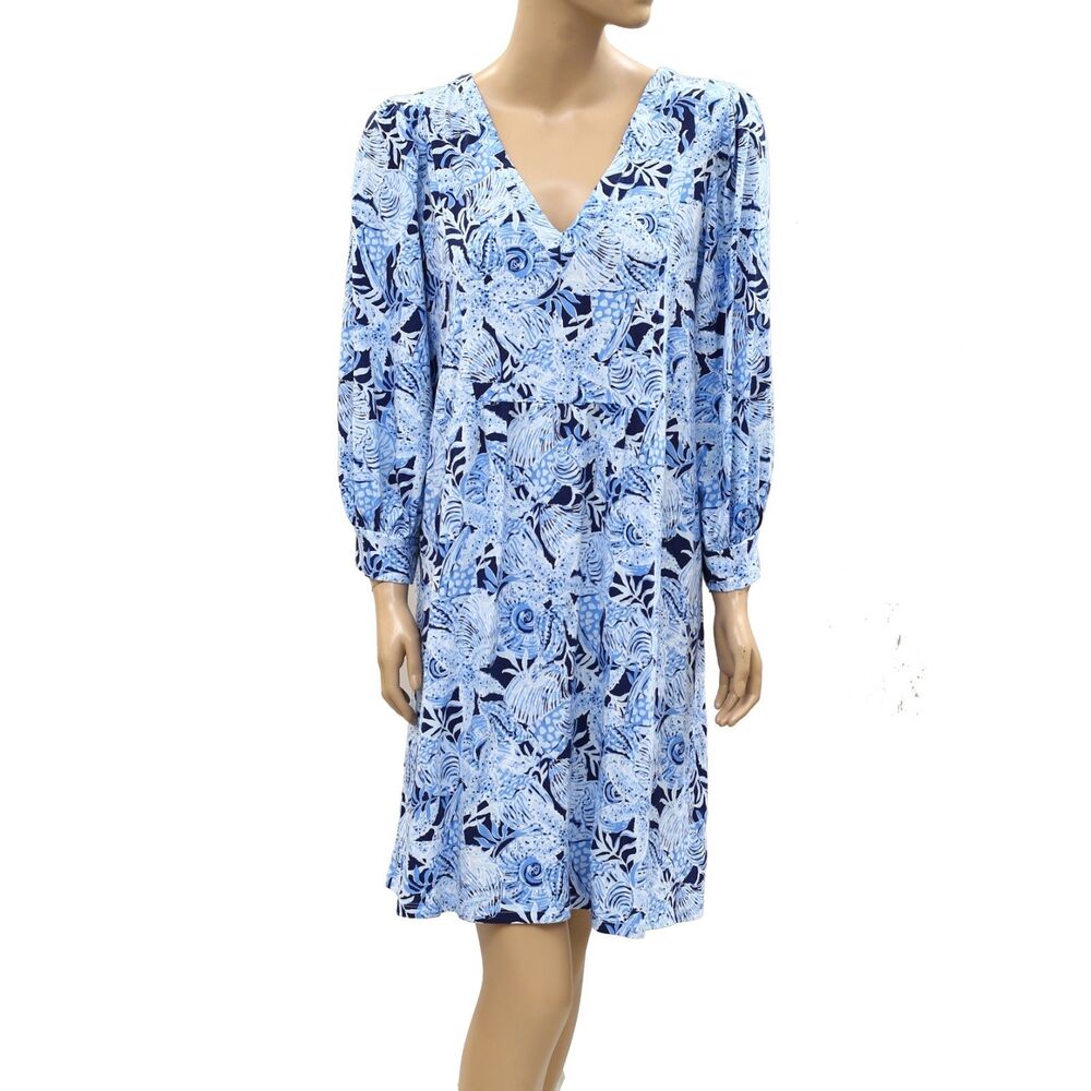 Lilly Pulitzer Cass Mini Dress Floral Printed Cotton Beach Blue Resort L 287951